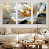 39604126-MGV-FC-60X30-3P_White-Abstract Flower Wall Art – Elegant White and Gold Bloom Canvas Print, Modern Floral Artwork for Bedroom, Living Room, or Office
