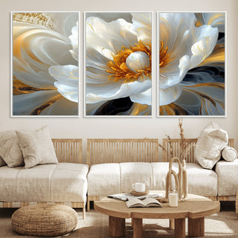 39604126-MGV-FC-60X30-3P_White-Abstract Flower Wall Art – Elegant White and Gold Bloom Canvas Print, Modern Floral Artwork for Bedroom, Living Room, or Office