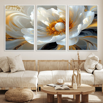 39604126-MGV-FC-60X30-3P_White-Abstract Flower Wall Art – Elegant White and Gold Bloom Canvas Print, Modern Floral Artwork for Bedroom, Living Room, or Office