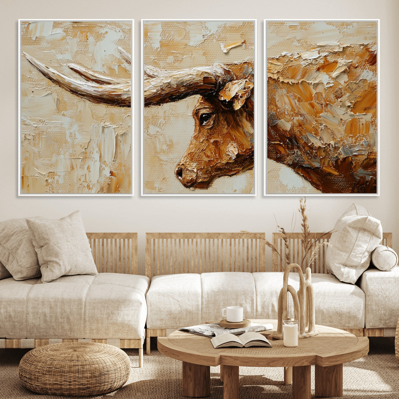69611428-MGV-FC-60X30-3P_White-Longhorn Bull Wall Art – Rustic Western Canvas Print, Textured Farmhouse Cattle Painting for Living Room, Office, or Ranch House
