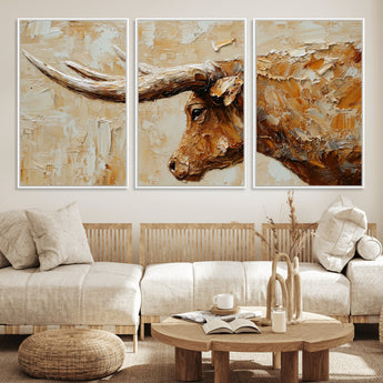 69611428-MGV-FC-60X30-3P_White-Longhorn Bull Wall Art – Rustic Western Canvas Print, Textured Farmhouse Cattle Painting for Living Room, Office, or Ranch House