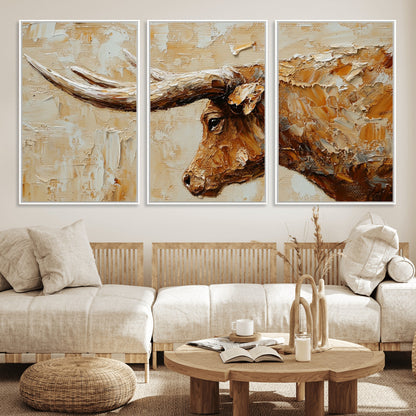 69611428-MGV-FC-60X30-3P_White-Longhorn Bull Wall Art – Rustic Western Canvas Print, Textured Farmhouse Cattle Painting for Living Room, Office, or Ranch House