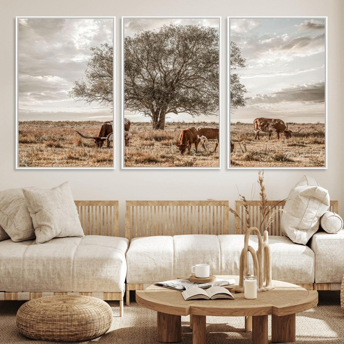 87590224-MGV-FC-60X30-3P_White-Longhorn Cattle Wall Art – Rustic Western Landscape Canvas Print, Texas Farmhouse Prairie Scene for Living Room, Office, or Ranch