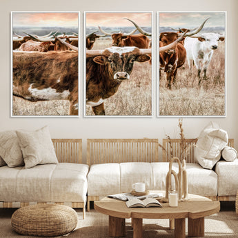 47758300-MGV-FC-60X30-3P_White-Texas Longhorn Cattle Wall Art – Rustic Western Herd Canvas Print, Cowboy Ranch Farmhouse Decor for Living Room, Office, or