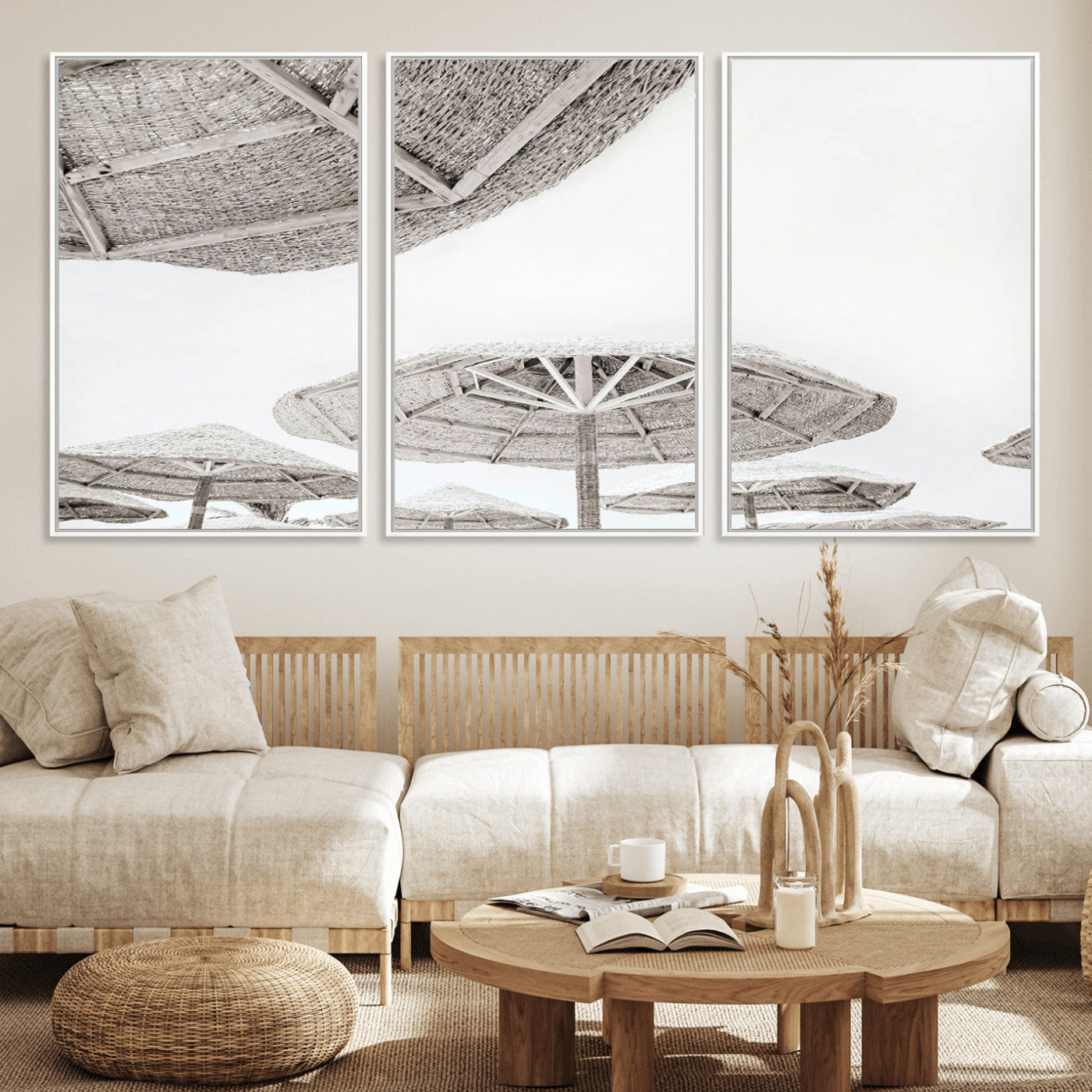 97043123-MGV-FC-60X30-3P_White-Beach Umbrella Wall Art – Minimalist Coastal Canvas Print, Woven Parasol Summer Decor for Bedroom, Living Room, or Modern Beach