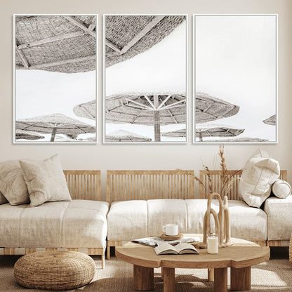 97043123-MGV-FC-60X30-3P_White-Beach Umbrella Wall Art – Minimalist Coastal Canvas Print, Woven Parasol Summer Decor for Bedroom, Living Room, or Modern Beach