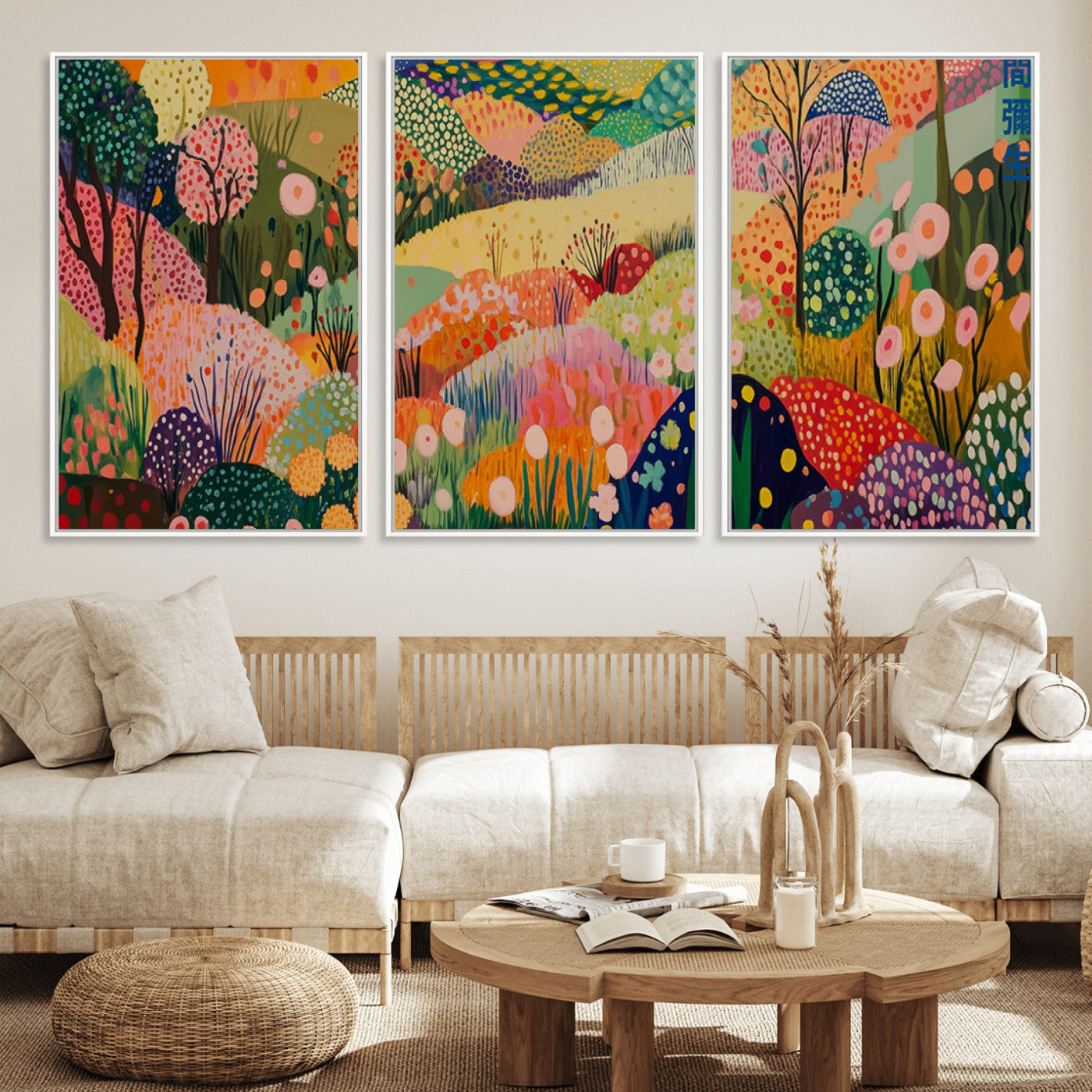 79636380-MGV-FC-60X30-3P_White-Colorful Abstract Landscape Wall Art – Vibrant Hills and Flowers Canvas Print, Modern Whimsical Artwork for Living Room, Bedroom,