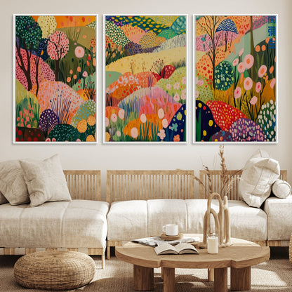 79636380-MGV-FC-60X30-3P_White-Colorful Abstract Landscape Wall Art – Vibrant Hills and Flowers Canvas Print, Modern Whimsical Artwork for Living Room, Bedroom,