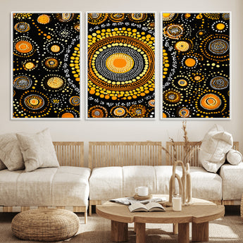 45478523-MGV-CV-36X24-Abstract Circle Wall Art – Bold Black and Gold Dot Painting Canvas Print, Modern Geometric Mandala Style Decor for Living Room or