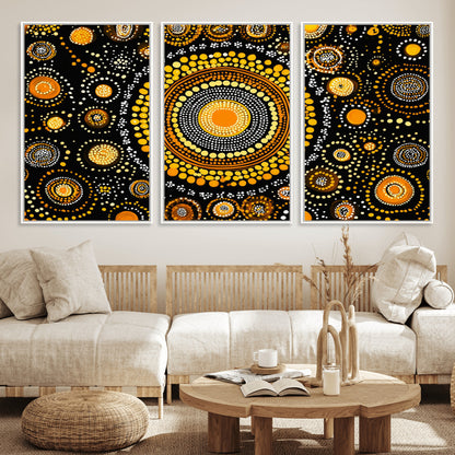 45478523-MGV-CV-36X24-Abstract Circle Wall Art – Bold Black and Gold Dot Painting Canvas Print, Modern Geometric Mandala Style Decor for Living Room or