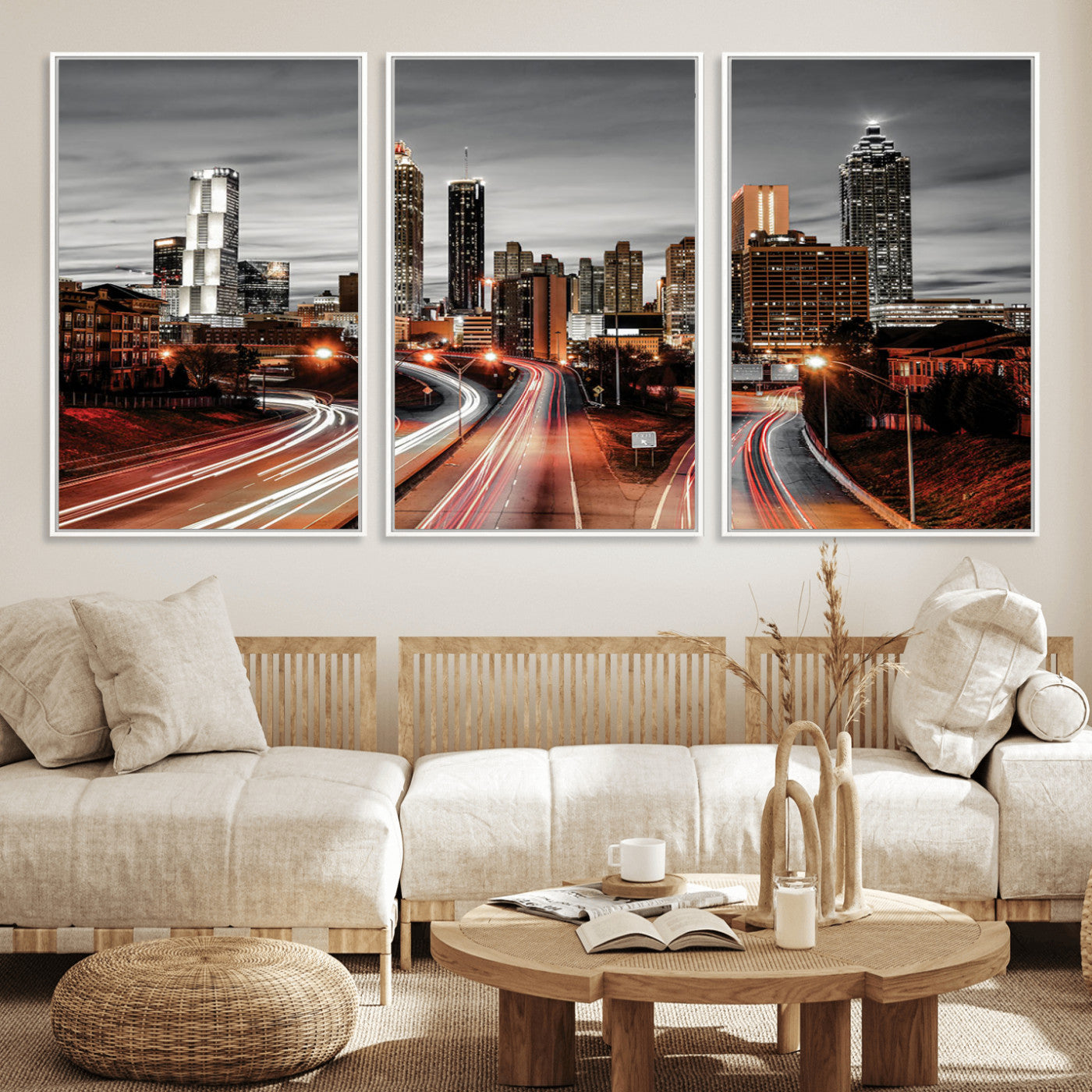 59097239-MGV-FC-60X30-3P_White-City Skyline Wall Art – Modern Black and White Night Canvas Print with Red Light Trails, Urban Landscape Decor for Living Room or