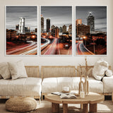59097239-MGV-FC-60X30-3P_White-City Skyline Wall Art – Modern Black and White Night Canvas Print with Red Light Trails, Urban Landscape Decor for Living Room or