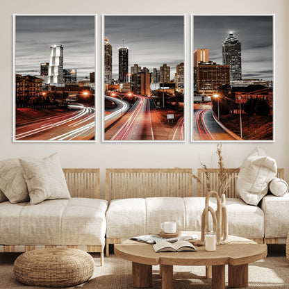 59097239-MGV-FC-60X30-3P_White-City Skyline Wall Art – Modern Black and White Night Canvas Print with Red Light Trails, Urban Landscape Decor for Living Room or