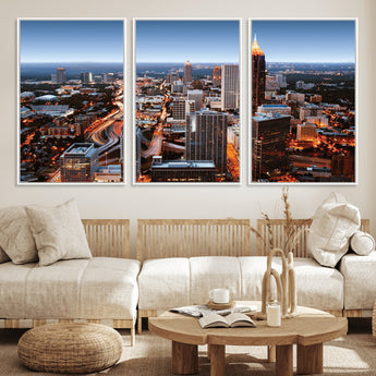 25096967-MGV-FC-60X30-3P_White-Atlanta Skyline Wall Art – Vibrant Cityscape Canvas Print, Modern Night Lights Urban Decor for Office, Living Room, or Apartment