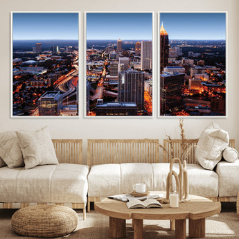 81886632-MGV-FC-60X30-3P_White-Atlanta Skyline Wall Art – Vibrant City Lights Canvas Print, Modern Urban Cityscape Decor for Living Room, Office, or Apartment