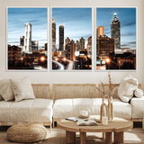 23859158-MGV-FC-60X30-3P_White-Atlanta Skyline Wall Art – Modern Cityscape Canvas Print with Night Lights and Traffic Trails, Urban Decor for Office, Apartment,