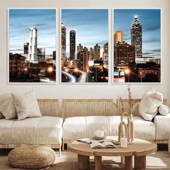 23859158-MGV-FC-60X30-3P_White-Atlanta Skyline Wall Art – Modern Cityscape Canvas Print with Night Lights and Traffic Trails, Urban Decor for Office, Apartment,