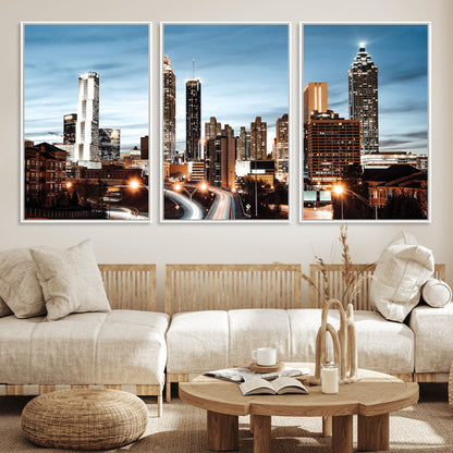 23859158-MGV-FC-60X30-3P_White-Atlanta Skyline Wall Art – Modern Cityscape Canvas Print with Night Lights and Traffic Trails, Urban Decor for Office, Apartment,