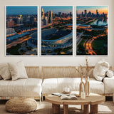 36690345-MGV-FC-60X30-3P_White-Soldier Field Wall Art – Chicago Bears Stadium Aerial Night Canvas Print, City Skyline Football Decor for Living Room, Office, or