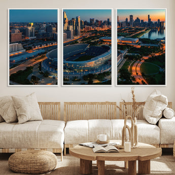 36690345-MGV-FC-60X30-3P_White-Soldier Field Wall Art – Chicago Bears Stadium Aerial Night Canvas Print, City Skyline Football Decor for Living Room, Office, or
