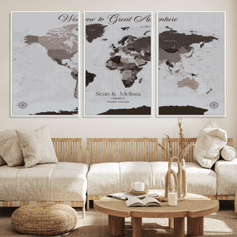 43749658-MGV-FC-60X30-3P_White-Welcome to Great Adventure World Map Wall Art – Charcoal Gray Canvas Print, Rustic Travel Decor for Living Room, Study, Office or