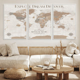63516865-MGV-FC-60X30-3P_White-Explore Dream Discover World Map Wall Art – Inspirational Travel Adventure Canvas Print, Neutral Parchment Style Explorer Decor