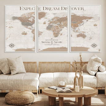 63516865-MGV-FC-60X30-3P_White-Explore Dream Discover World Map Wall Art – Inspirational Travel Adventure Canvas Print, Neutral Parchment Style Explorer Decor