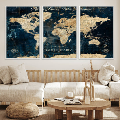 36970886-MGV-CV-36X24-Life is a Journey Not a Destination World Map Rustic Navy Beige Vintage Travel Wall Art Adventure Quote Canvas Print for Home