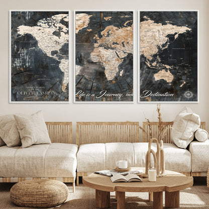 37848568-MGV-FC-60X30-3P_White-Life is a Journey Not a Destination World Map Rustic Wood Texture Vintage Beige Navy Adventure Wall Art Canvas Print for Home