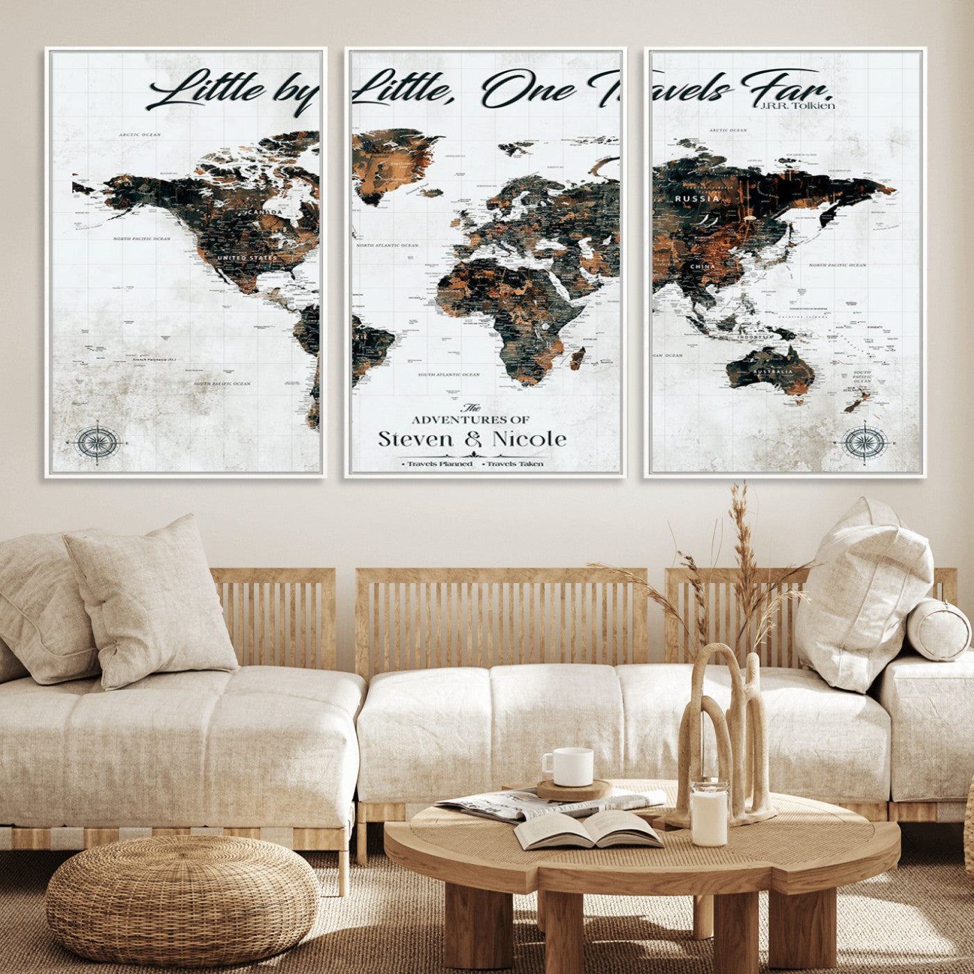 88337180-MGV-FC-60X30-3P_White-Little by Little One Travels Far Tolkien Quote World Map Rustic Black Brown Adventure Wall Art Canvas Print for Home Office Living