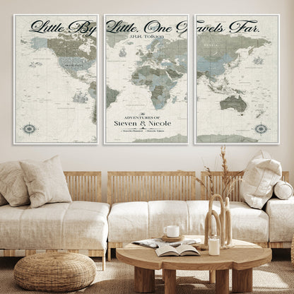 10693204-MGV-FC-60X30-3P_White-Little By Little One Travels Far Tolkien Quote Blue Green World Map Adventure Wall Art Canvas Print Rustic Wanderlust Travel Decor
