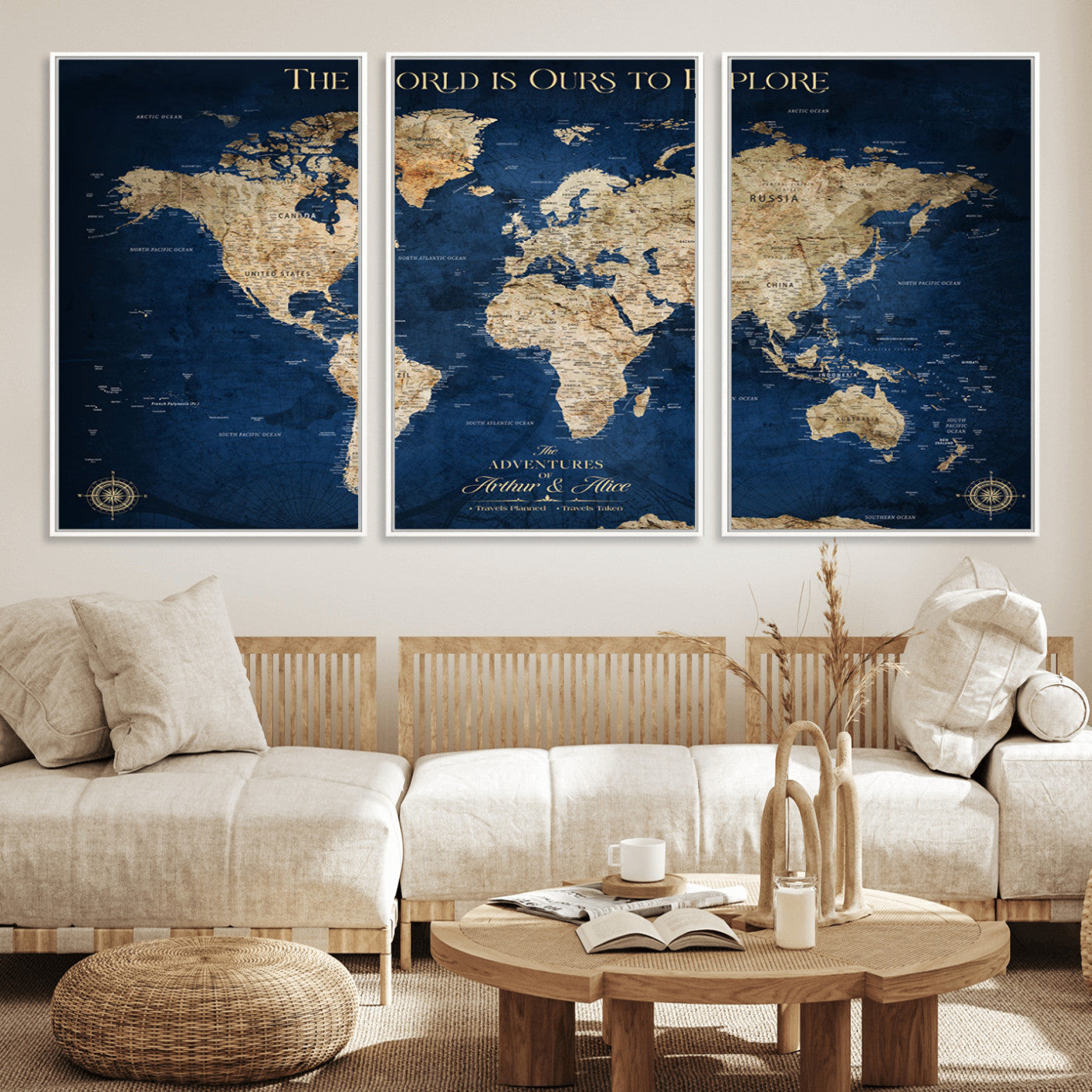 54782997-MGV-FC-60X30-3P_White-The World is Ours to Explore Wall Art – Blue World Map Canvas Print, Adventure Travel Decor for Home, Office or Living Room,