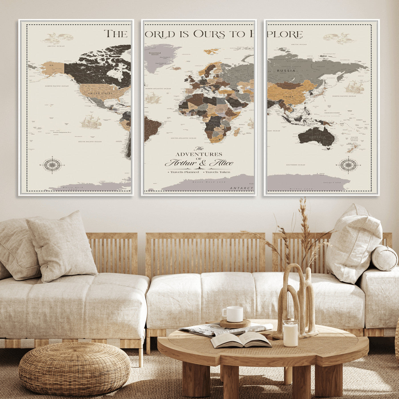90024882-MGV-FC-60X30-3P_White-The World is Ours to Explore Wall Art – Earth Tone World Map Canvas Print, Adventure Travel Decor for Living Room, Office or