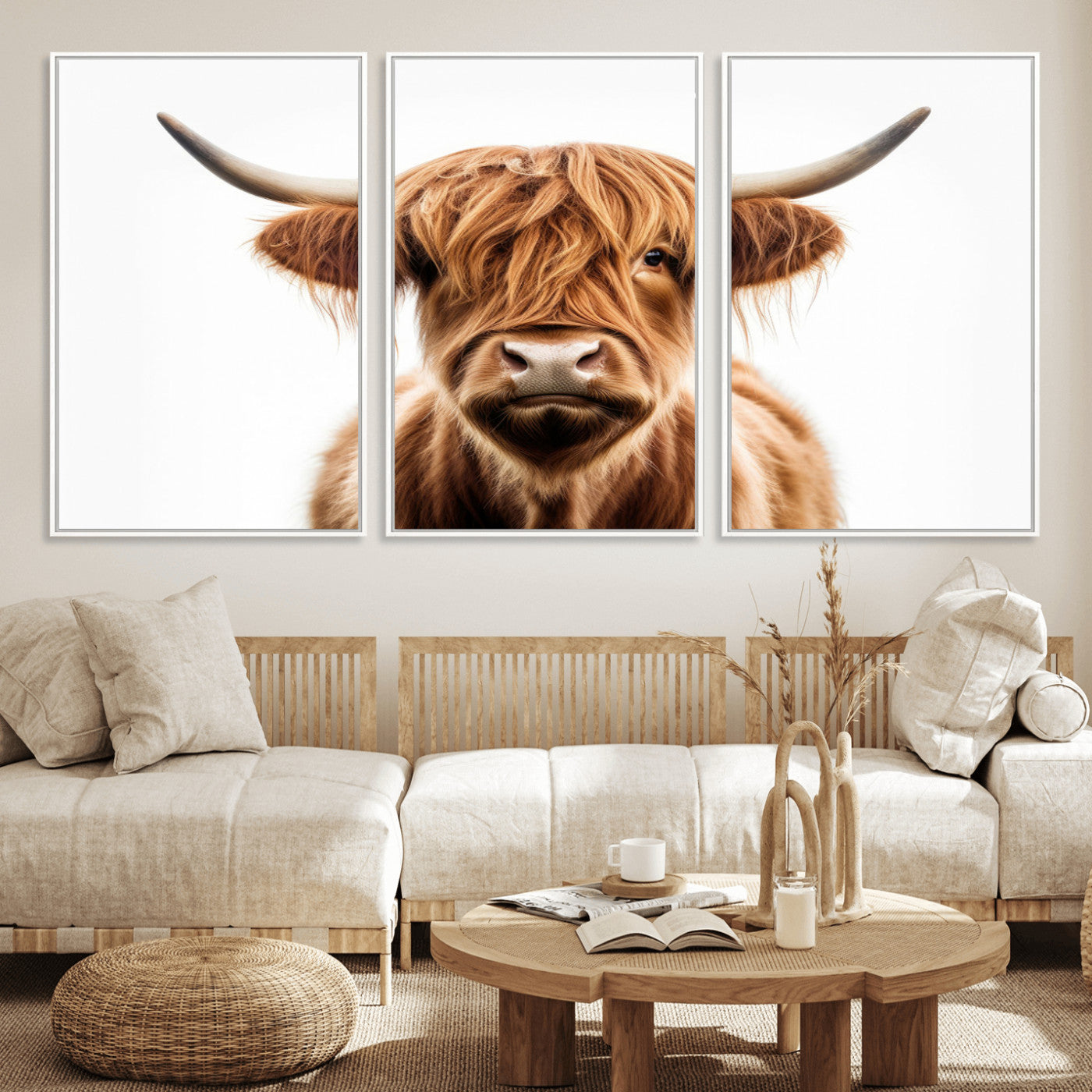 637908607-MGV-FC-93X47-3P_Black-Highland Cow Wall Art Print – Rustic Farmhouse Animal Portrait, Scottish Highland Cattle Canvas, Modern Country Wall Decor for
