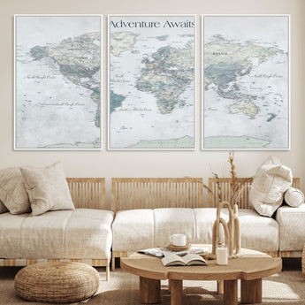 TEST111-MGV-FC-60X30-3P_White-Personalized Adventure Awaits Push Pin World Map – Custom Framed Travel Tracker Canvas Wall Art for Home, Office