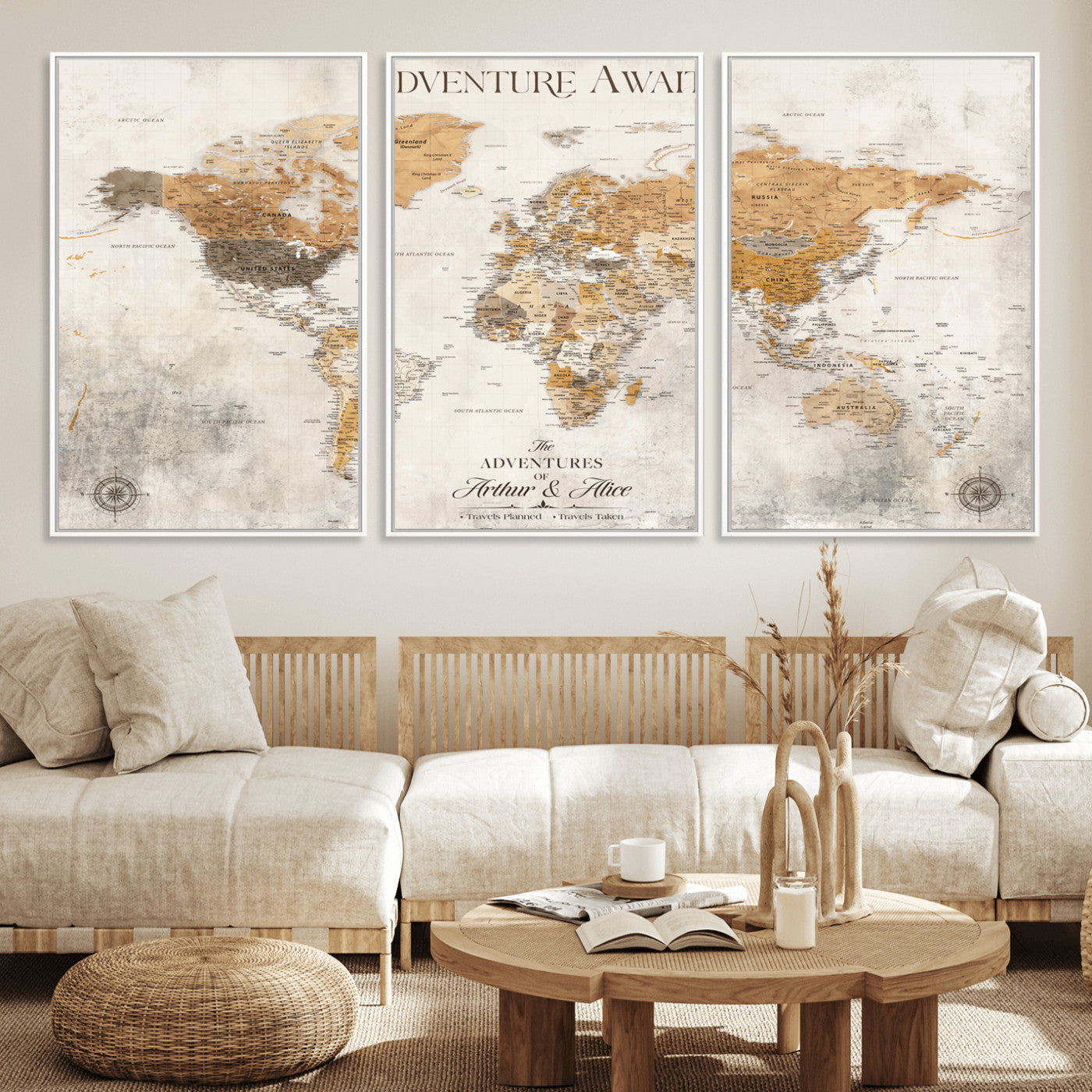 99422096-MGV-FC-60X30-3P_White-Adventure Awaits World Map Wall Art – Neutral Beige Canvas Print, Modern Travel Inspired Wall Decor for Living Room, Bedroom or