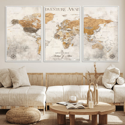 99422096-MGV-FC-60X30-3P_White-Adventure Awaits World Map Wall Art – Neutral Beige Canvas Print, Modern Travel Inspired Wall Decor for Living Room, Bedroom or