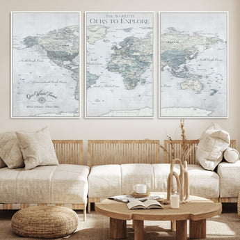94249974-MGV-FC-60X30-3P_White-Ours Explore World Map Wall Art – Modern Travel Canvas Print, Neutral Adventure Decor for Living Room, Office, Study, Bedroom,