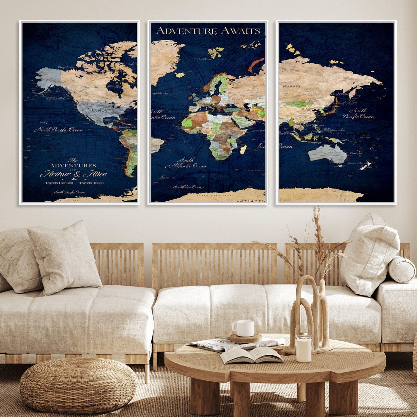 43160428-MGV-FC-60X30-3P_White-Adventure Awaits Navy Blue World Map – Vibrant Travel Canvas Wall Art, Antique Atlas Print, Wanderlust Decor for Home Office