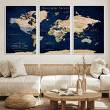 43160428-MGV-FC-60X30-3P_White-Adventure Awaits Navy Blue World Map – Vibrant Travel Canvas Wall Art, Antique Atlas Print, Wanderlust Decor for Home Office