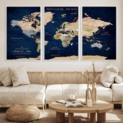 43160428-MGV-FC-60X30-3P_White-Adventure Awaits Navy Blue World Map – Vibrant Travel Canvas Wall Art, Antique Atlas Print, Wanderlust Decor for Home Office