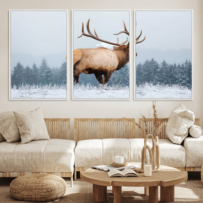85177251-MGV-FC-60X30-3P_White-Elk Wall Art – Majestic Wildlife Canvas Print of Bull Elk Snowy Forest, Rustic Nature Decor for Living Room, Cabin, or Office