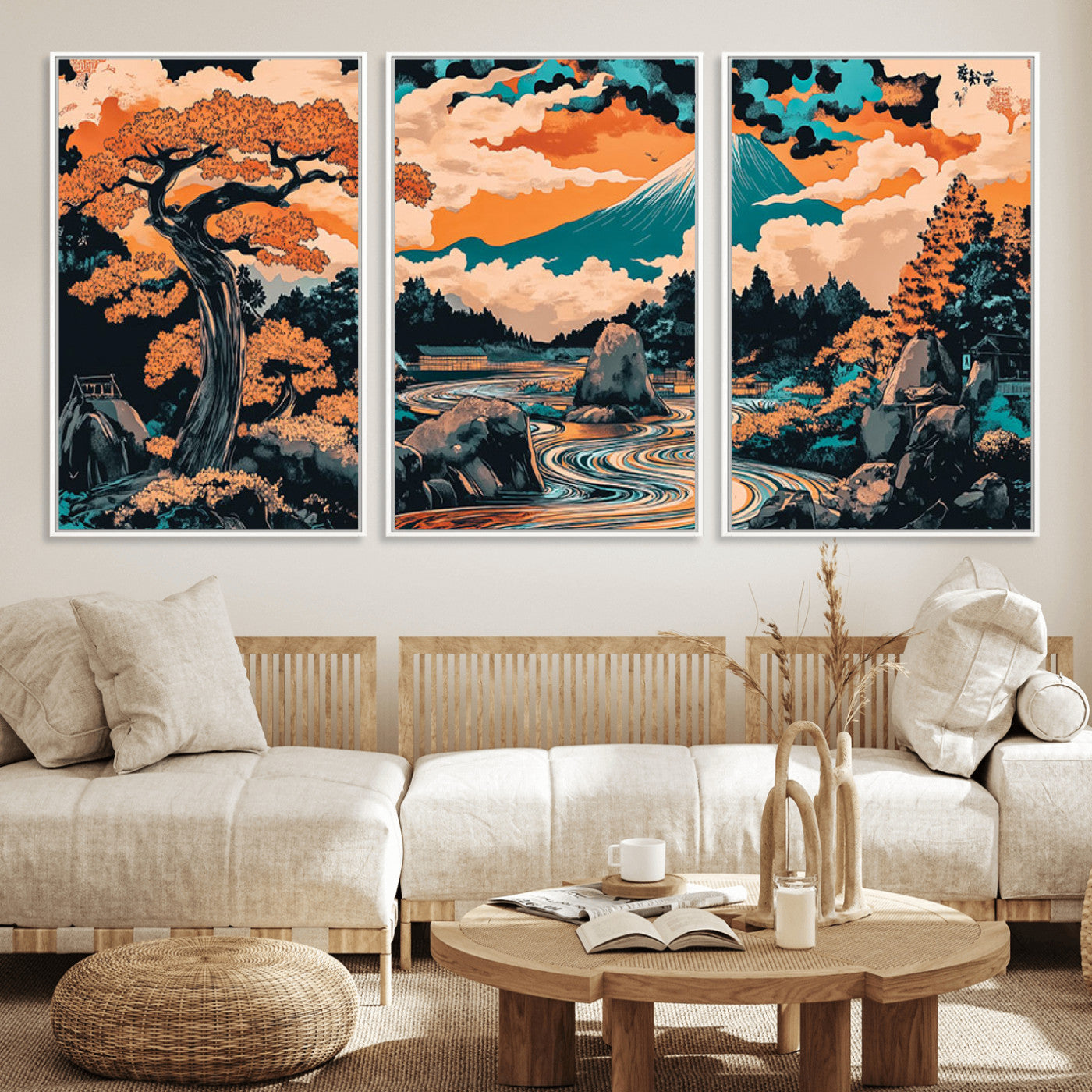 21638941-MGV-FC-60X30-3P_White-Japanese Landscape Wall Art – Mount Fuji and Flowing River Ukiyo-e Style Canvas Print, Traditional Japan Inspired Artwork for