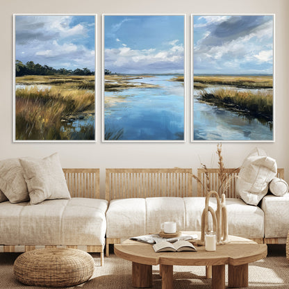 87082041-MGV-FC-60X30-3P_White-Marshland Landscape Wall Art – Serene Nature Canvas Print with Blue Sky and Reflections, Tranquil Scenic Painting for Living Room,