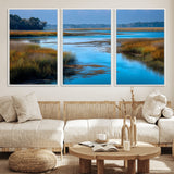 26300004-MGV-CV-36X24-Tranquil Marshland Canvas Wall Art – Blue Water, Reflective Sky, Golden Grasses, Calm Nature Landscape, Scenic Outdoor Beauty for