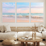 88024944-MGV-FC-60X30-3P_White-Beach Landscape Wall Art – Coastal Ocean Canvas Print with Gentle Waves and Pastel Sky, Serene Seascape Photography for Living