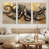 57944271-MGV-FC-60X30-3P_White-Octopus Wall Art – Black and Gold Nautical Canvas Print, Modern Ocean Inspired Artwork with Elegant Detailing, Coastal Marine