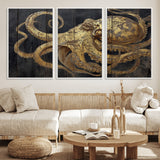 47056538-MGV-FC-60X30-3P_White-Octopus Wall Art – Gold Nautical Canvas Print with Rustic Wood Texture, Marine Creature Artwork for Coastal Ocean Decoration in