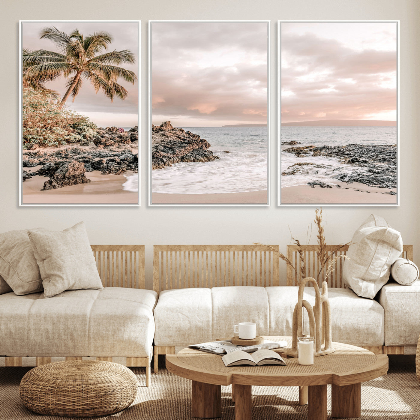 18005328-MGV-CV-36X24-Tropical Beach Canvas Wall Art – Palm Tree, Rocky Shoreline, Ocean Waves, Sunset Clouds, Calm Sea, Island Nature Relaxation for