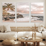 18005328-MGV-FC-60X30-3P_White-Tropical Beach Wall Art – Coastal Ocean Canvas Print with Palm Tree, Sunset Sky and Rocky Shore, Serene Seascape Photography for